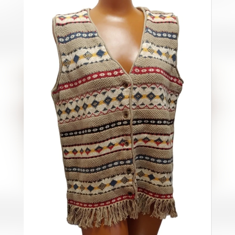 Vtg Boho Fringed Shirt Vest Aztec Southwestern Eclectic Granpa Tribal Button Lg